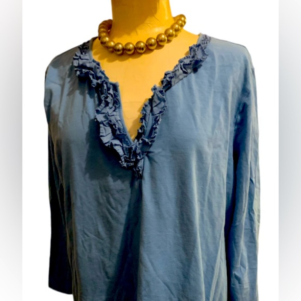 TOP WOMEN’S PLUS SIZE 3X BLUE RUFFLED NOTCHED V NECK 3/4 SLEEVES CHARTER CLUB
